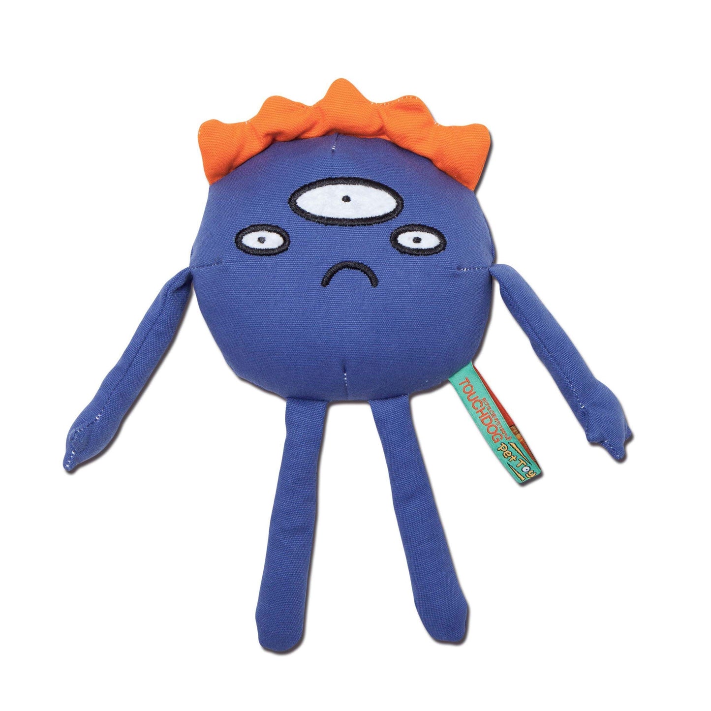 Blue plush toy with orange hair on a white background