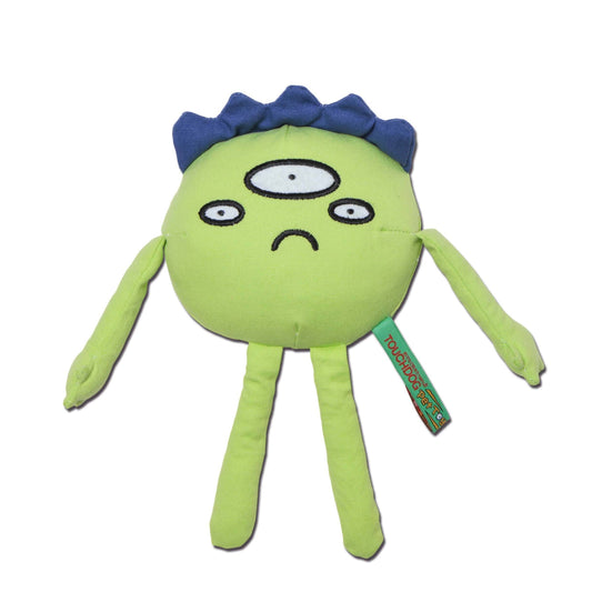 Green plush toy with a blue hat on a white background