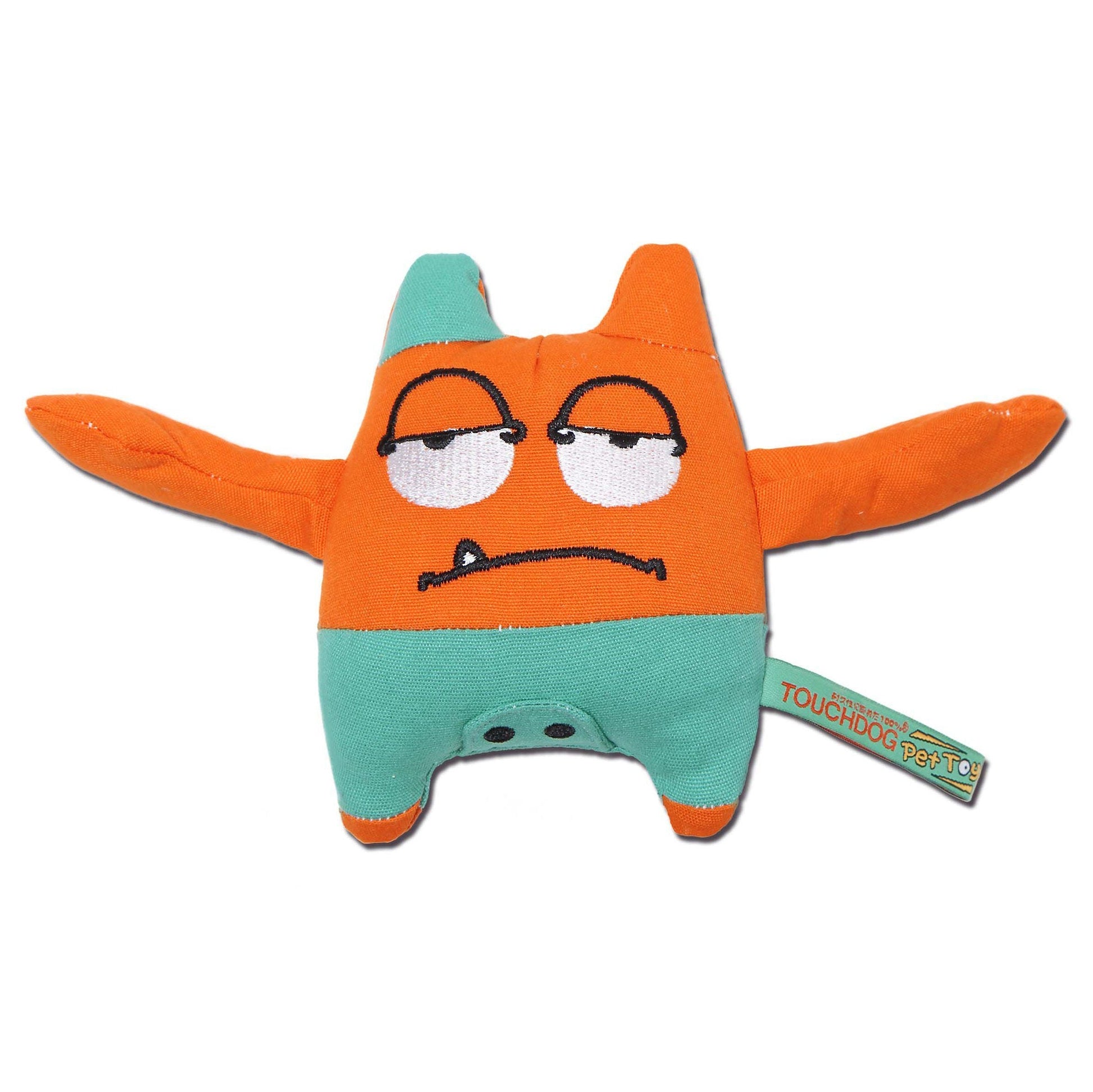 Orange and teal plush toy with a sad expression on a white background