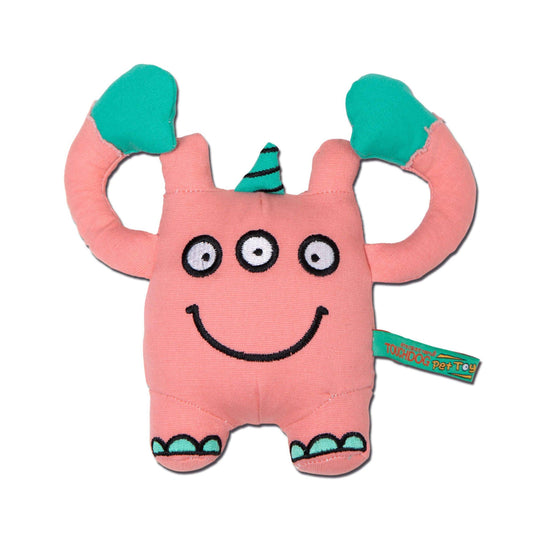 Pink plush toy with green accents on a white background