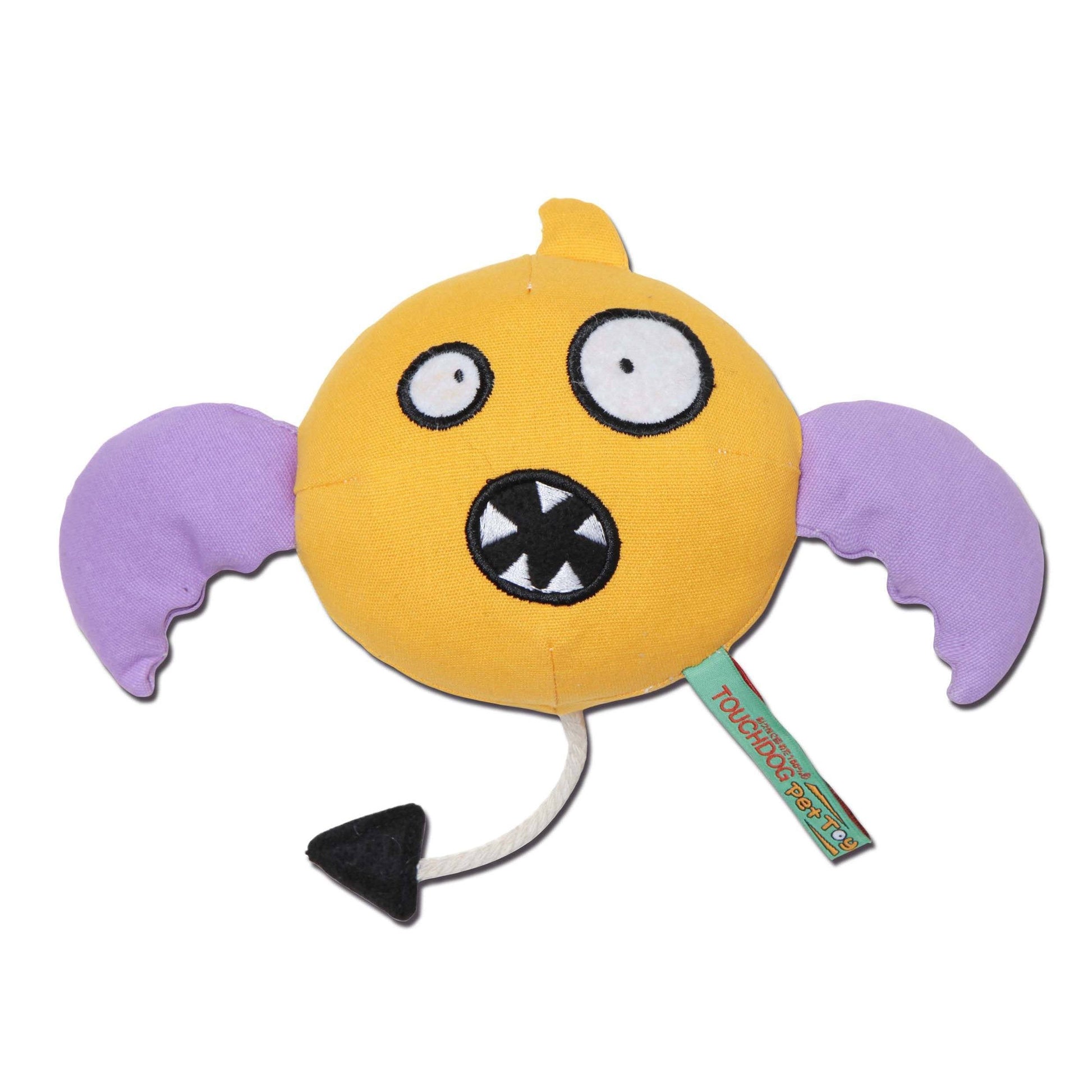 Yellow plush toy with purple wings and a surprised expression on a white background
