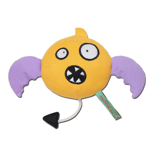 Yellow plush toy with purple wings and a surprised expression on a white background