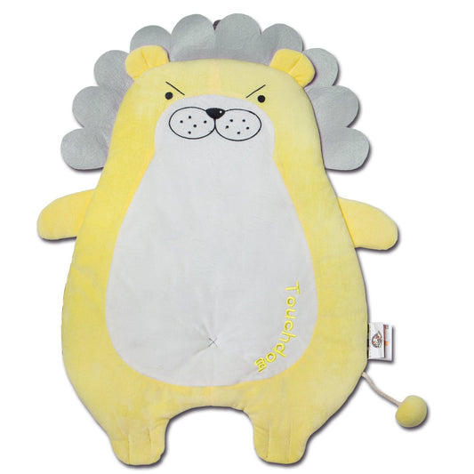 Plush toy lion with a white face and yellow body on a white background