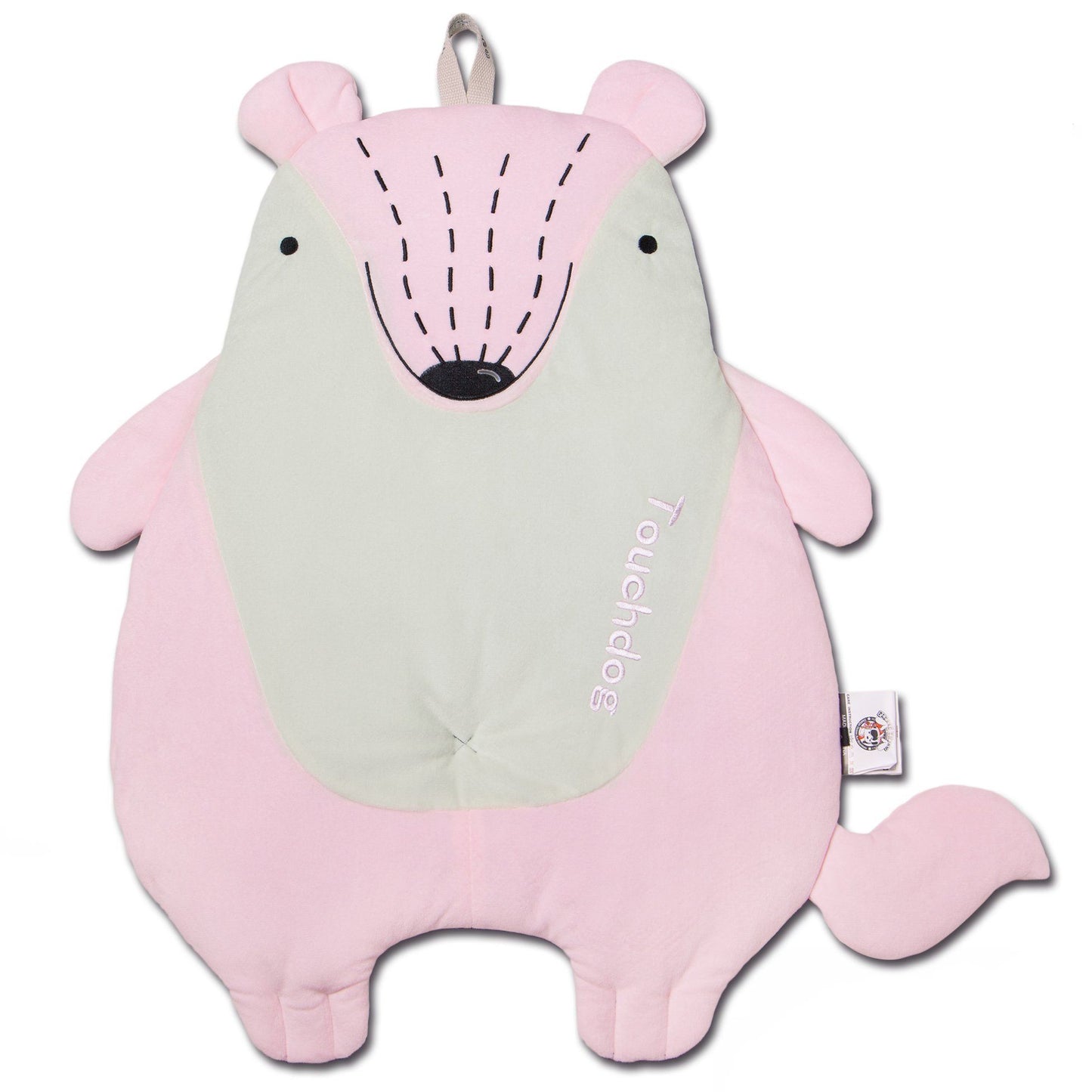 Pink and gray plush toy with a tag on a white background