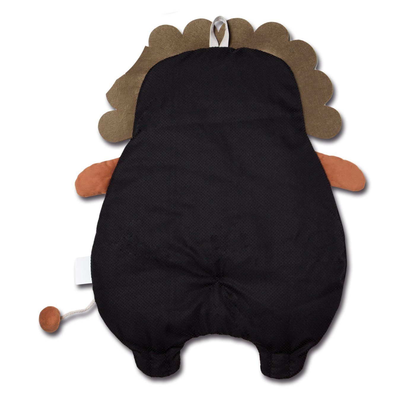 Black hedgehog-shaped pillow with brown ears and orange feet on a white background