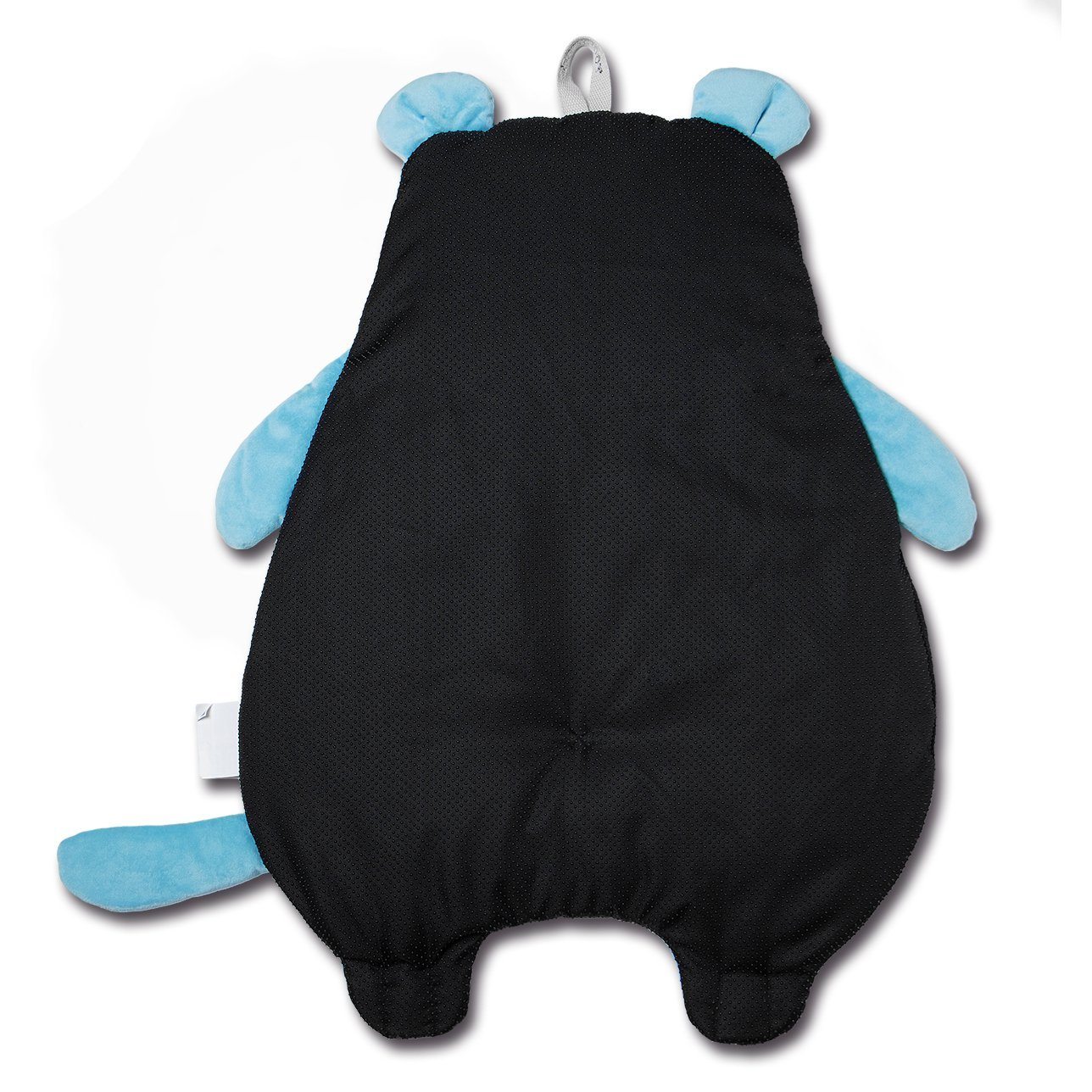 Black baby romper with blue accents on a white background