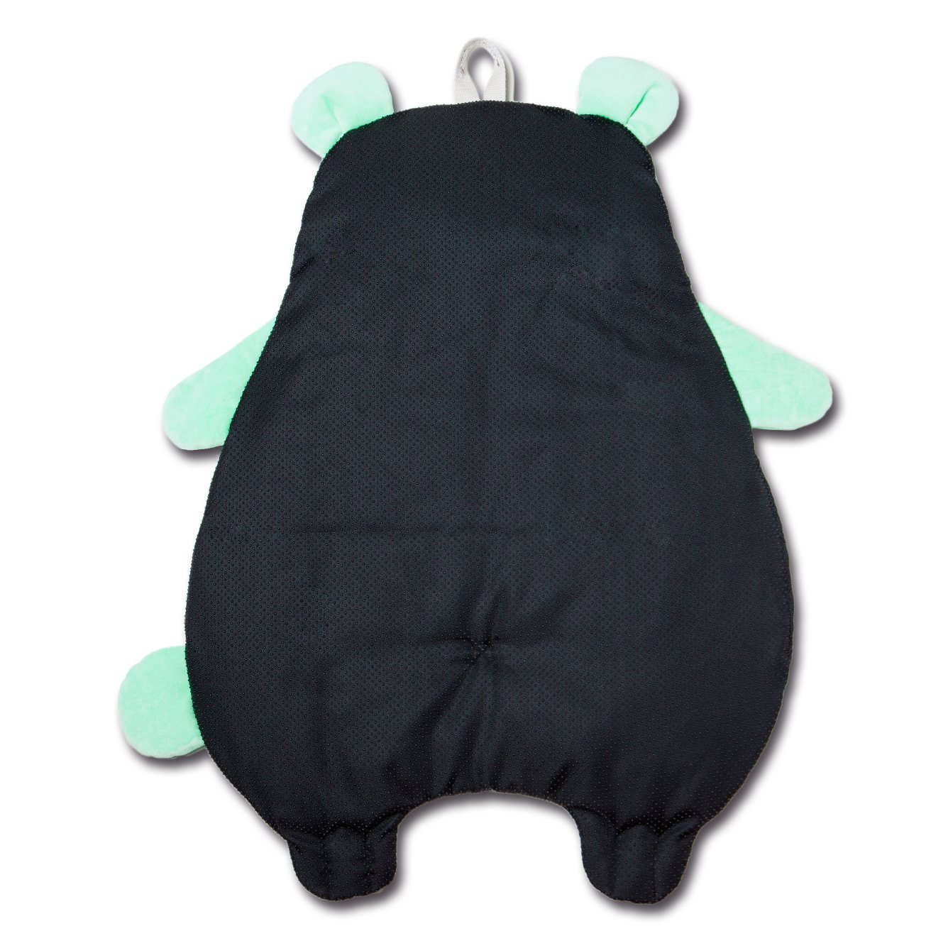 Black baby romper with green accents on a white background