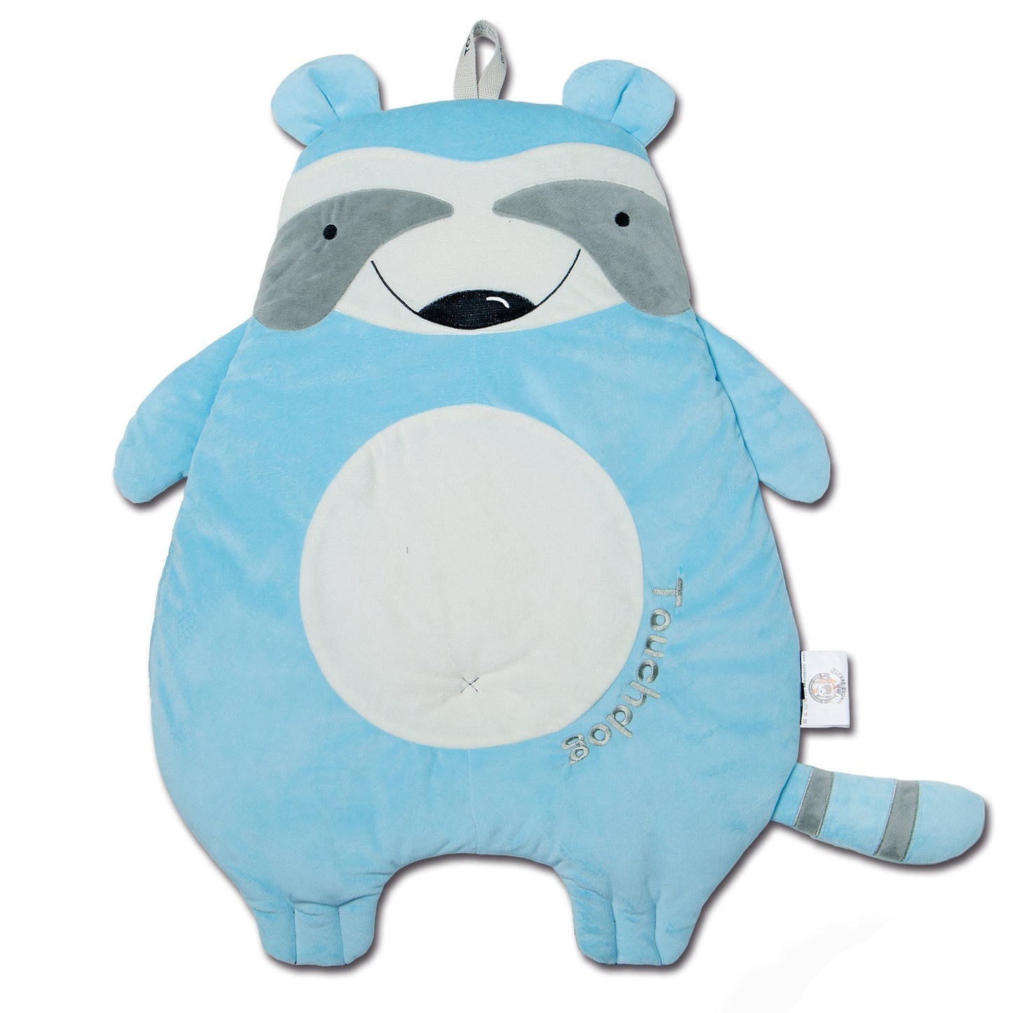 Blue raccoon-shaped pillow with a white belly on a white background