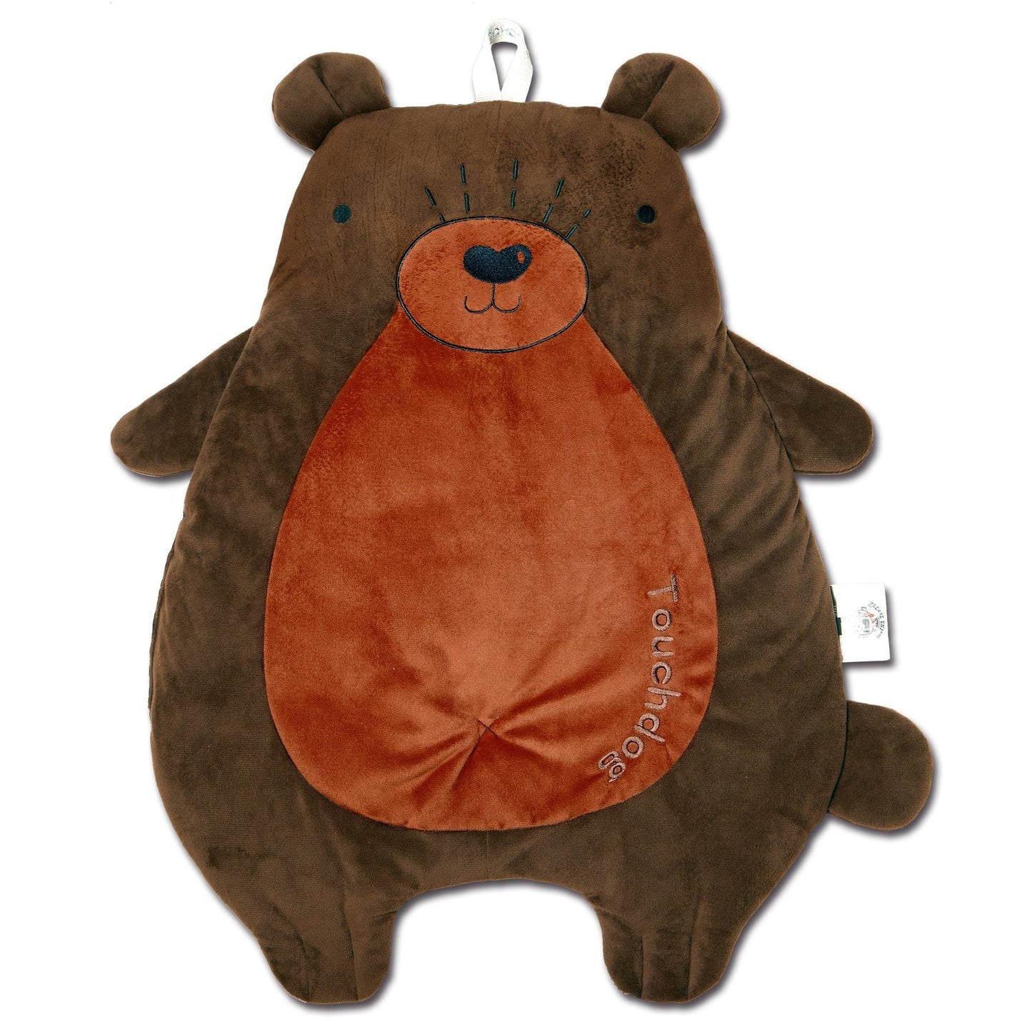 Brown bear-shaped pillow with a visible brand tag on a white background