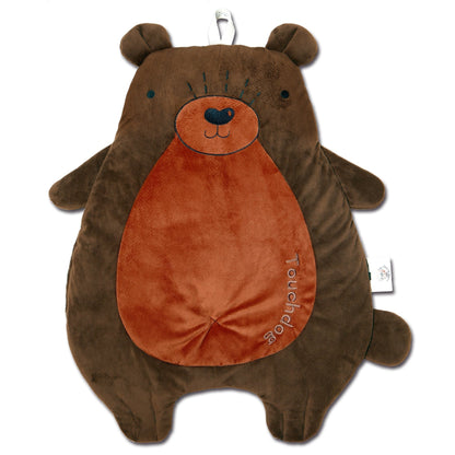 Brown bear-shaped pillow with a visible brand tag on a white background