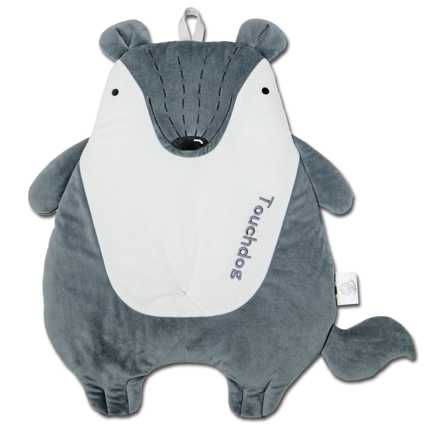 Gray plush toy with a white belly on a white background