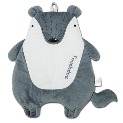 Gray plush toy with a white belly on a white background