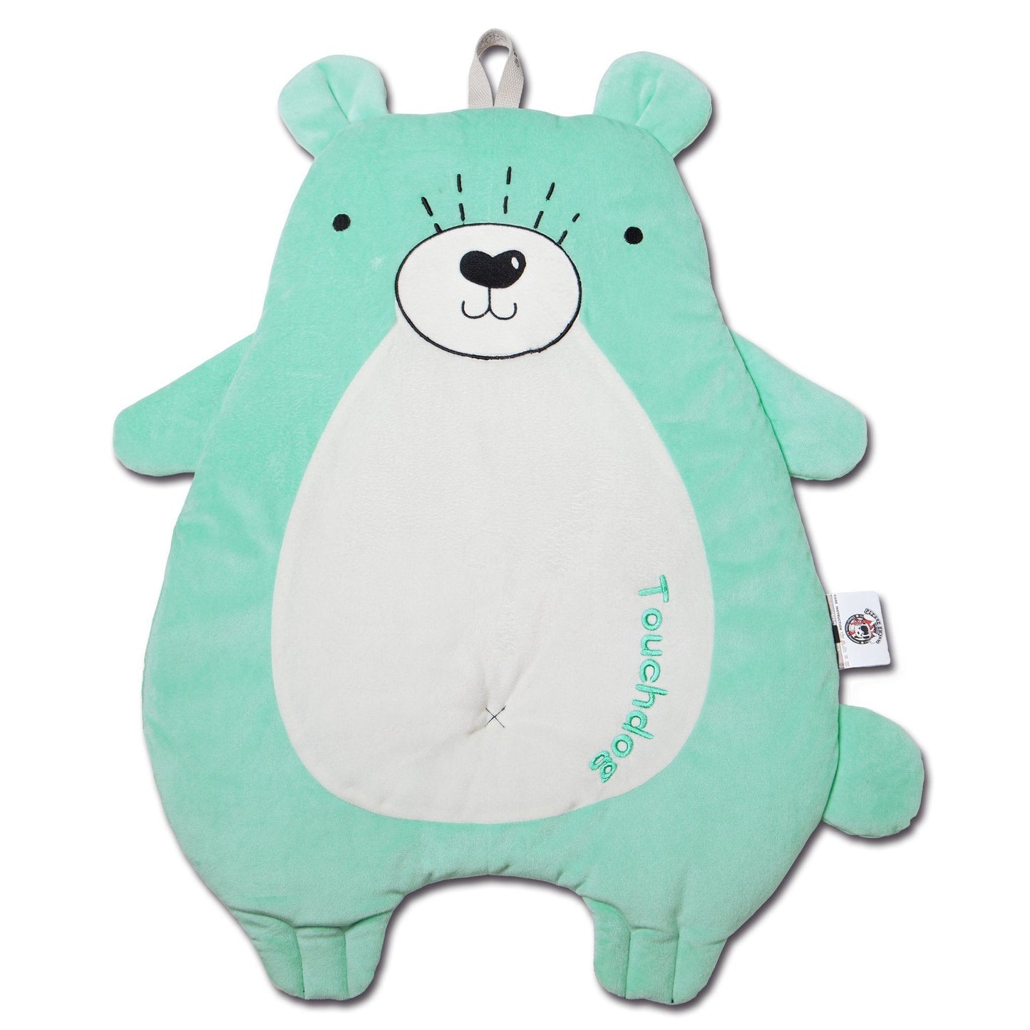 Green bear-shaped pillow with a white belly on a white background