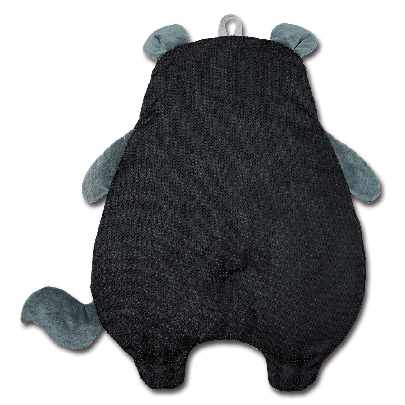 Black plush toy with gray accents on a white background