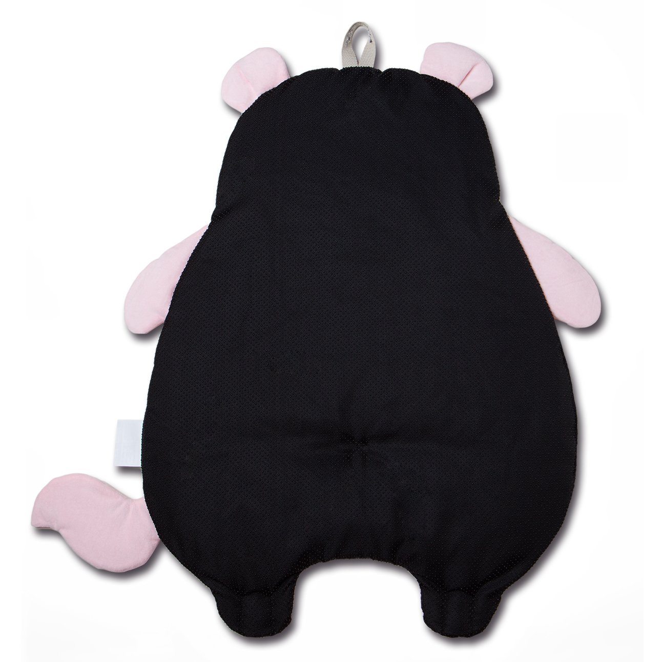 Black plush toy with pink accents on a white background