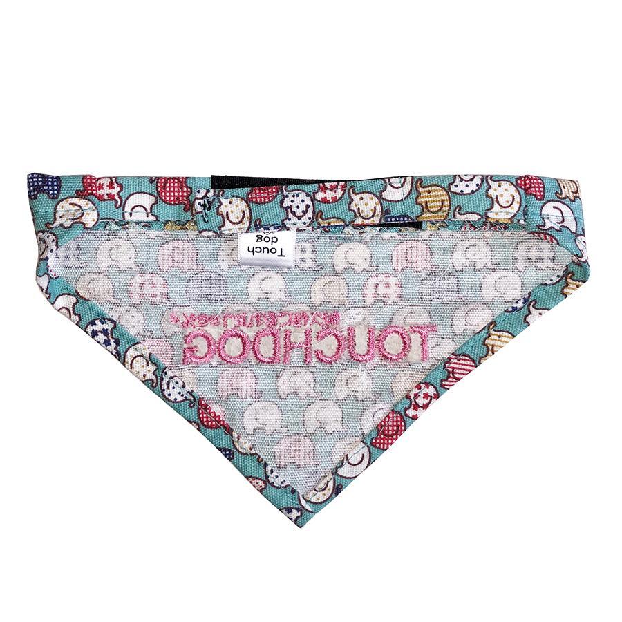 Dog bandana with cartoon designs and 'Touchdog' branding on a white background