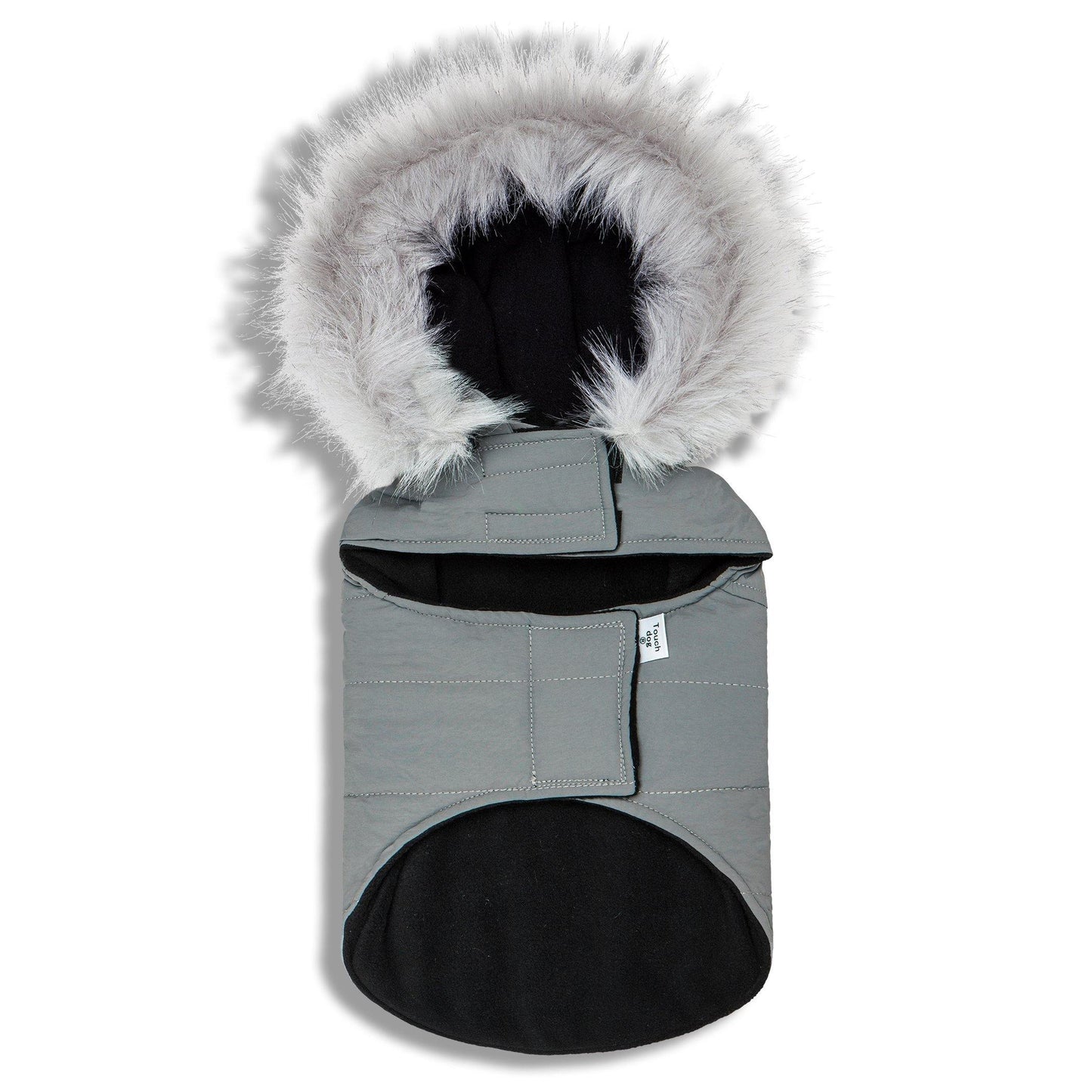Gray pet coat with a fur-lined hood on a white background