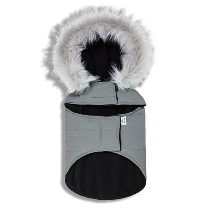 Gray pet coat with a fur-lined hood on a white background