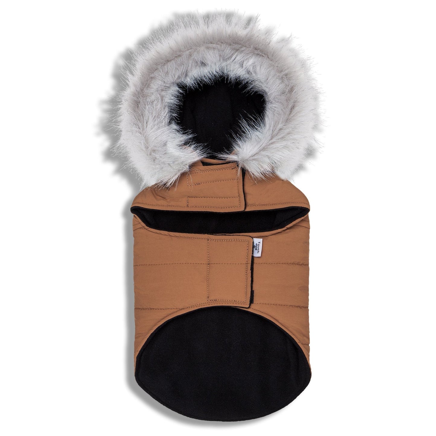 Brown pet coat with fur-lined hood on a white background