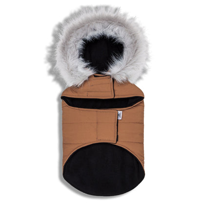 Brown pet coat with fur-lined hood on a white background