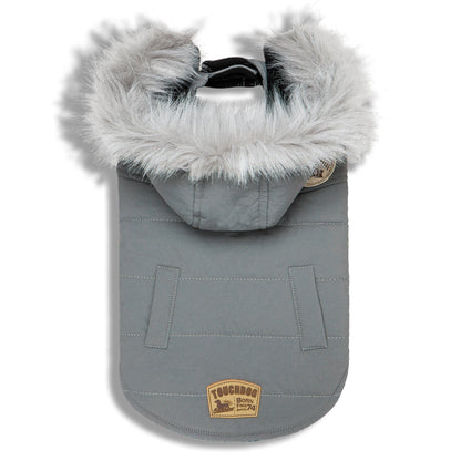Gray dog coat with fluffy hood on a white background
