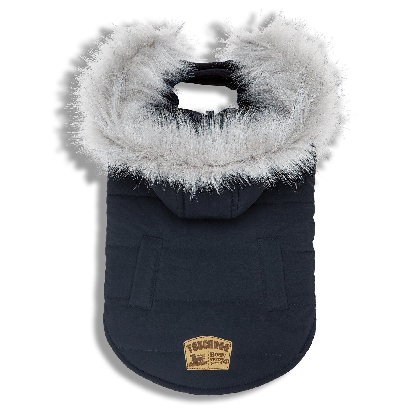 Navy blue pet coat with white fur hood on a white background
