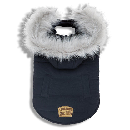 Navy blue pet coat with white fur hood on a white background
