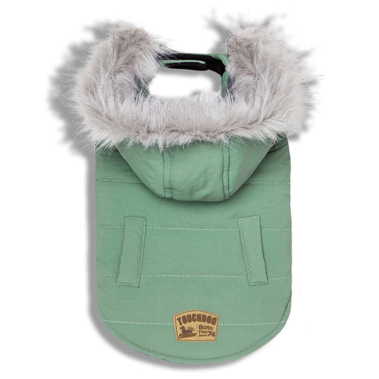 Green dog coat with fur-lined hood on a white background