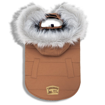 Brown dog coat with fur hood on a white background