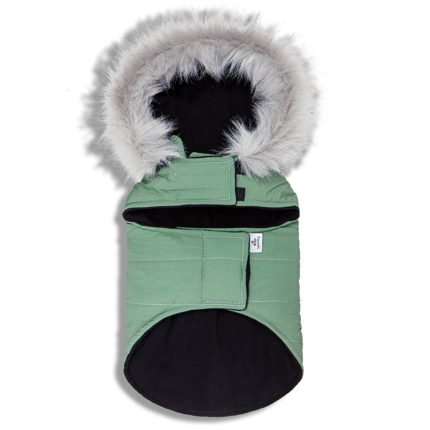 Green pet coat with a fluffy hood on a white background