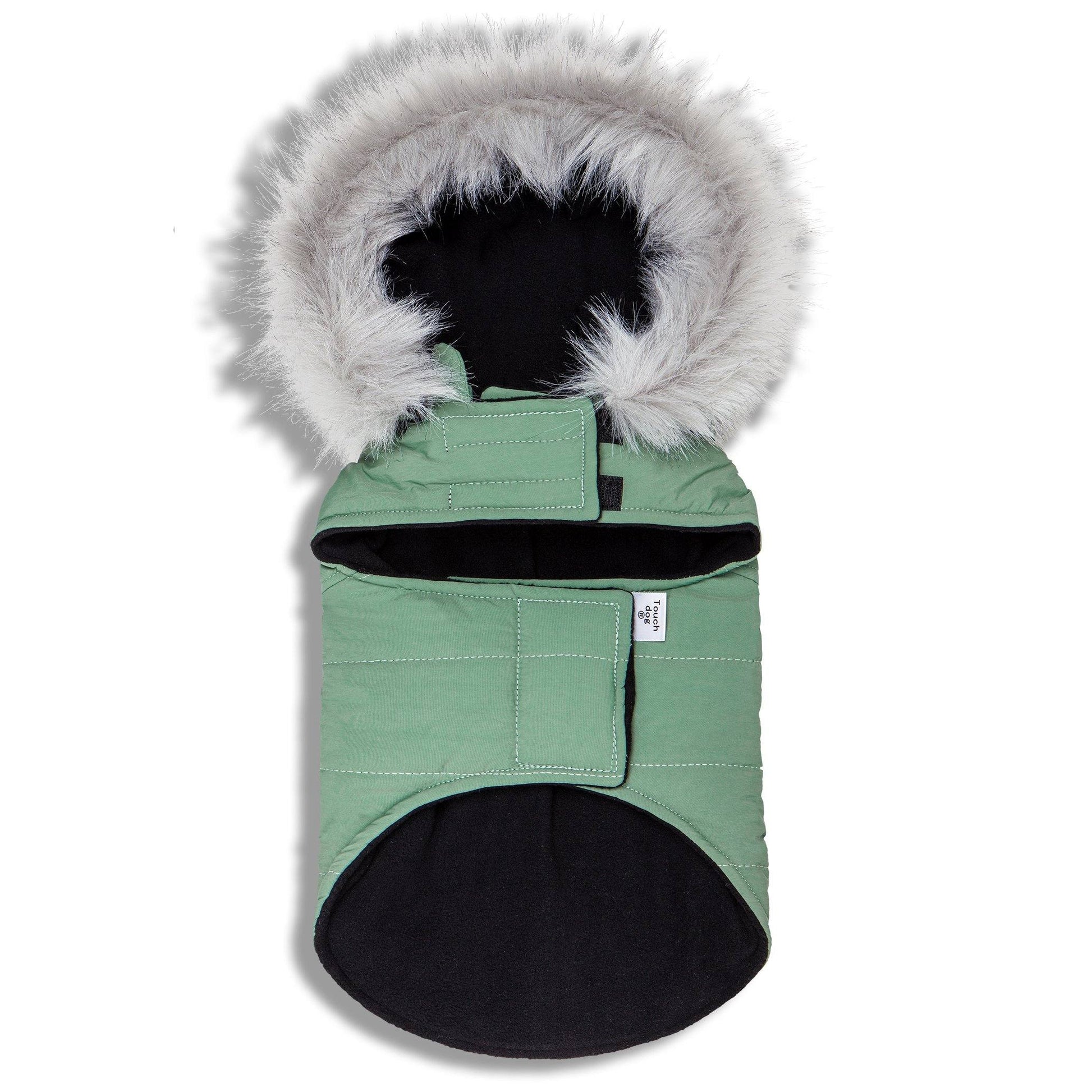 Green pet coat with a fluffy hood on a white background
