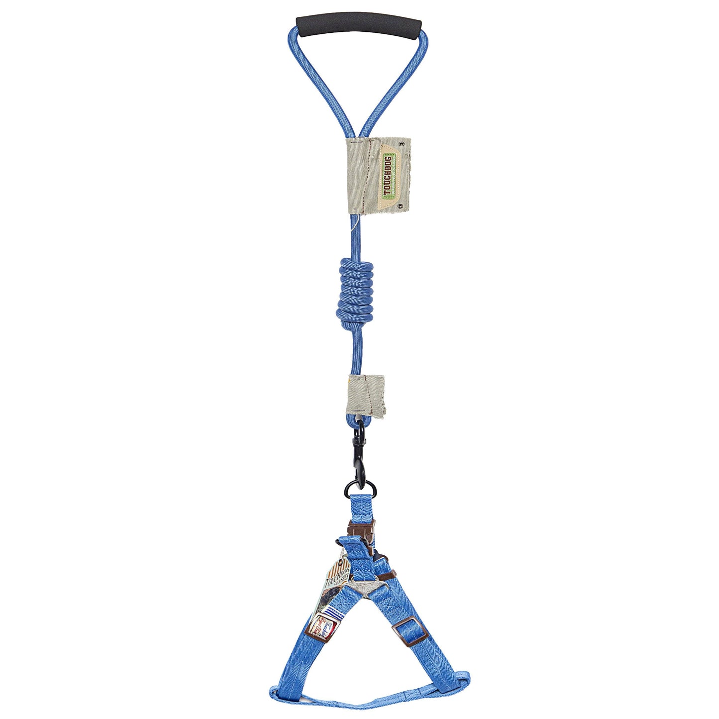 Blue safety harness with a carabiner on a white background