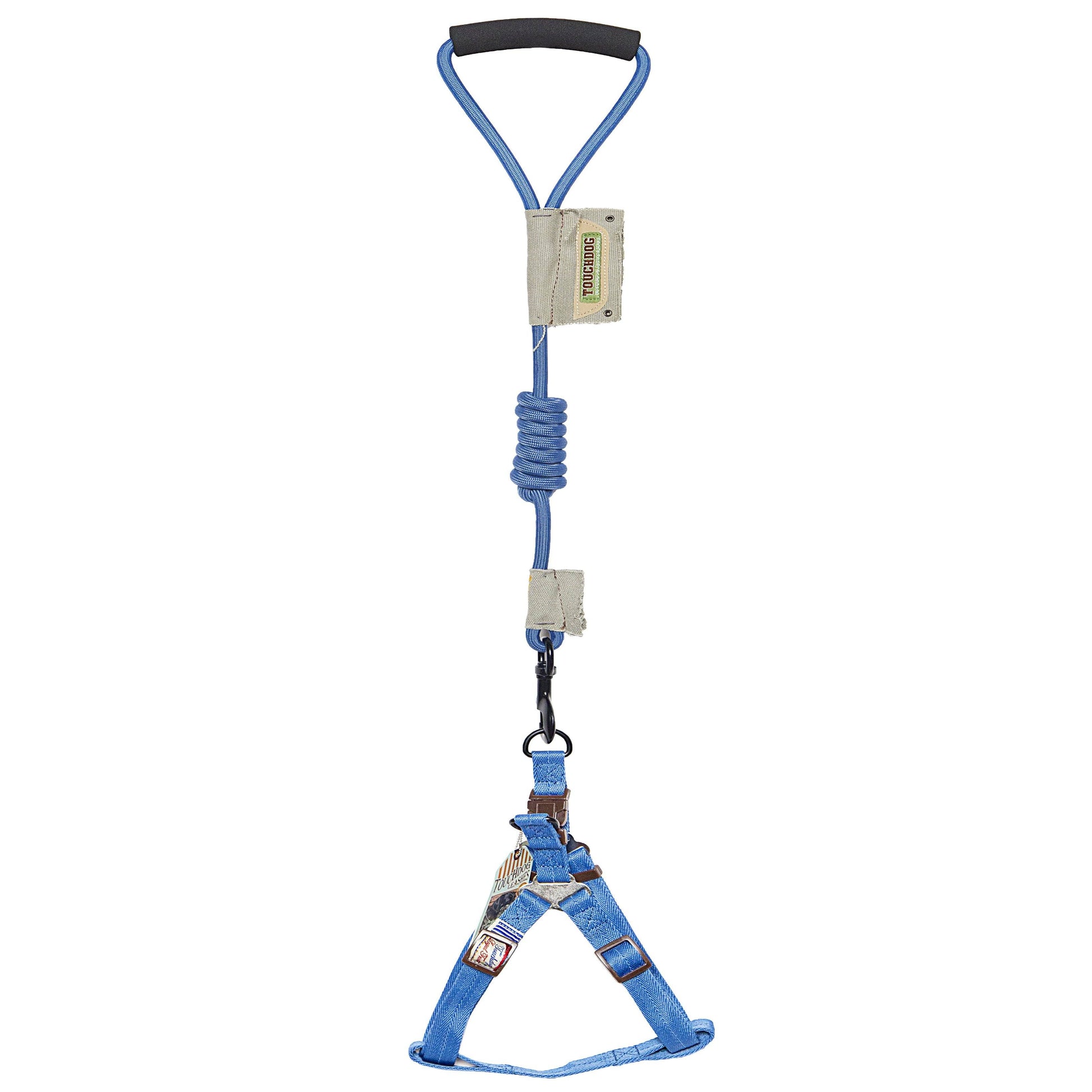 Blue safety harness with a carabiner on a white background
