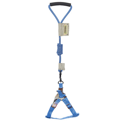 Blue safety harness with a carabiner on a white background