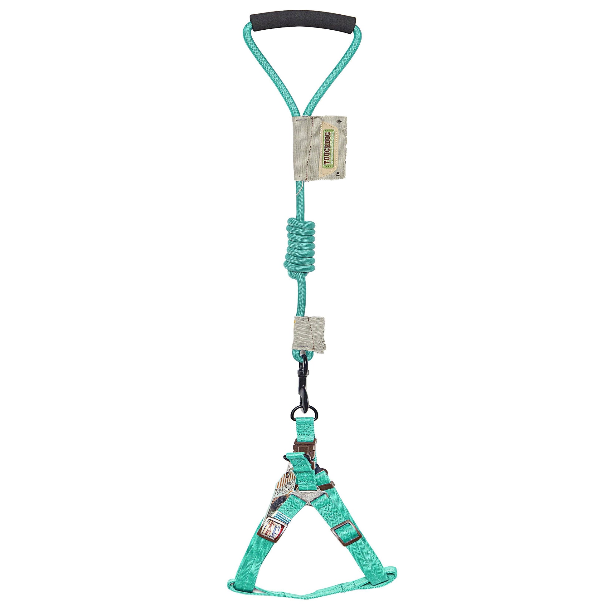 Turquoise dog harness with handle on a white background