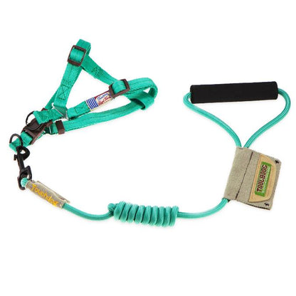 Green dog harness and leash set with a handle on a white background