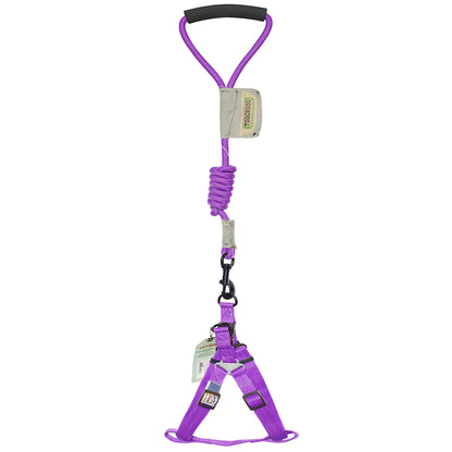 Purple dog harness with handle on a white background