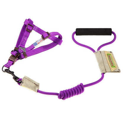 Purple dog harness with a handle and leash on a white background