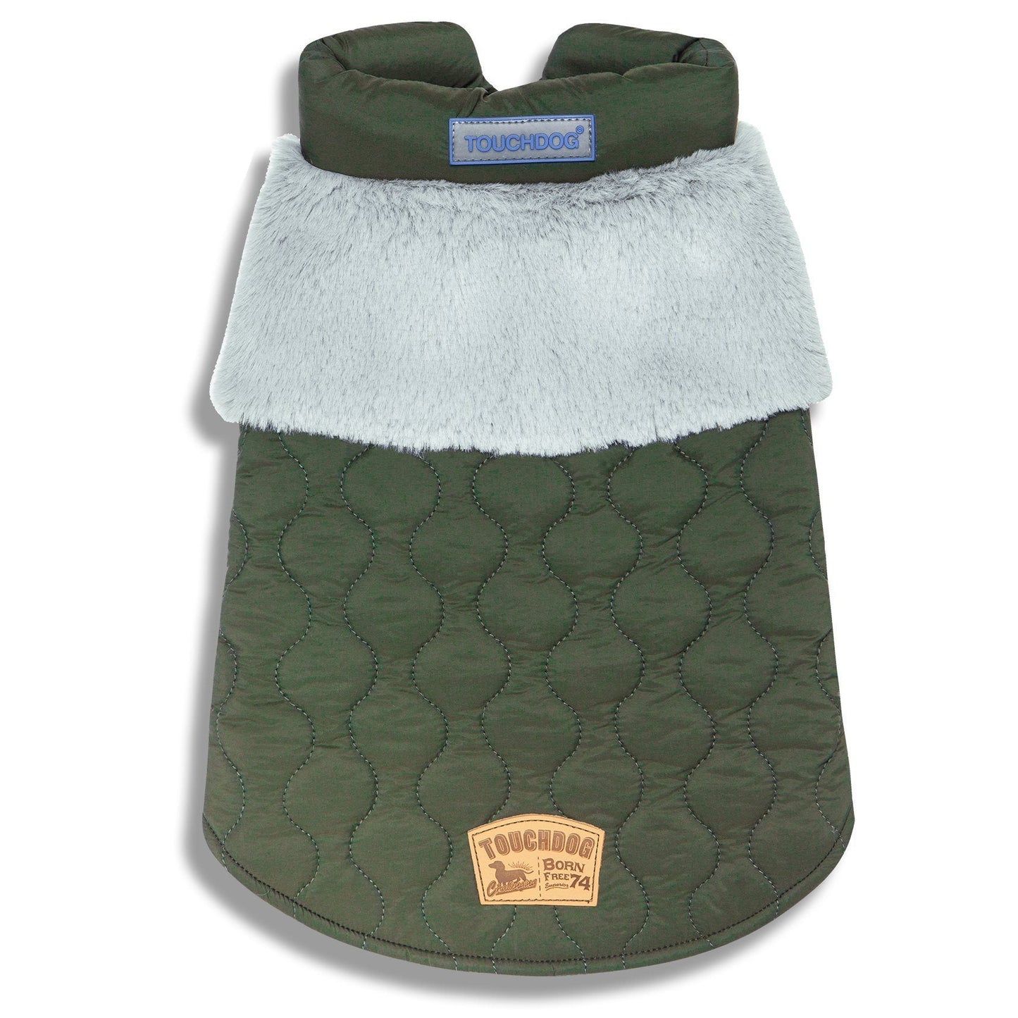 Green quilted dog coat with white fur lining on a white background