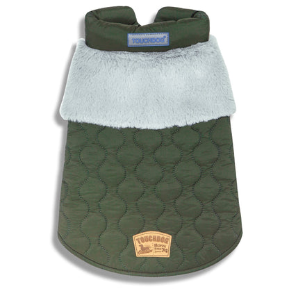 Green quilted dog coat with white fur lining on a white background