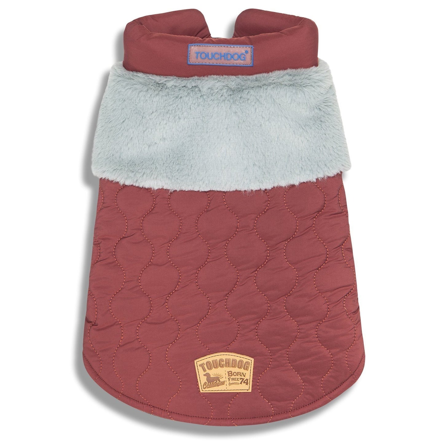 Red quilted dog coat with gray lining on a white background