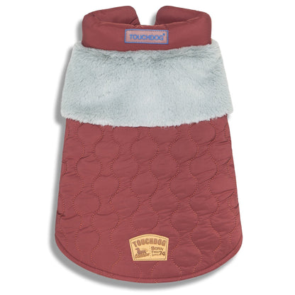 Red quilted dog coat with gray lining on a white background