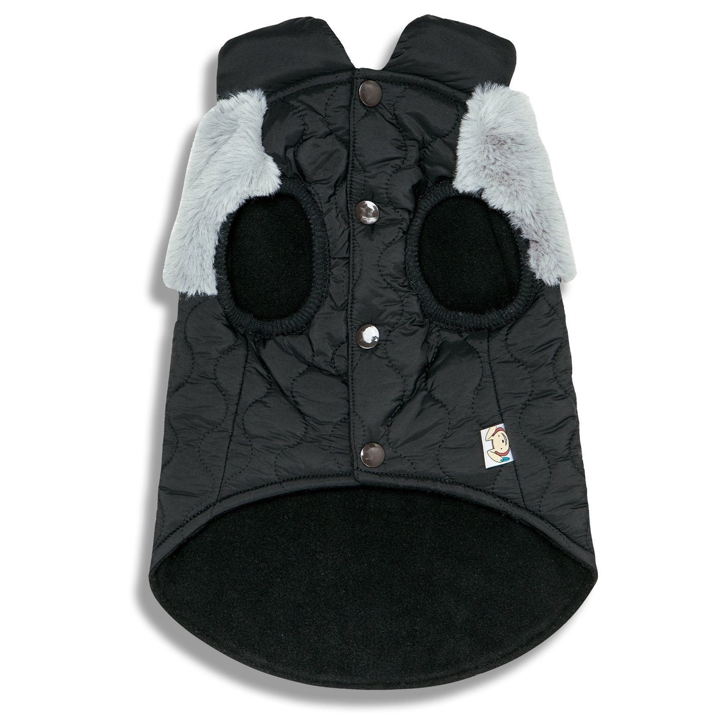 Black quilted dog coat with gray fur lining on a white background