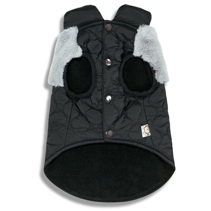Black quilted dog coat with gray fur lining on a white background