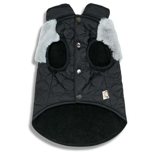 Black quilted dog coat with gray fur lining on a white background