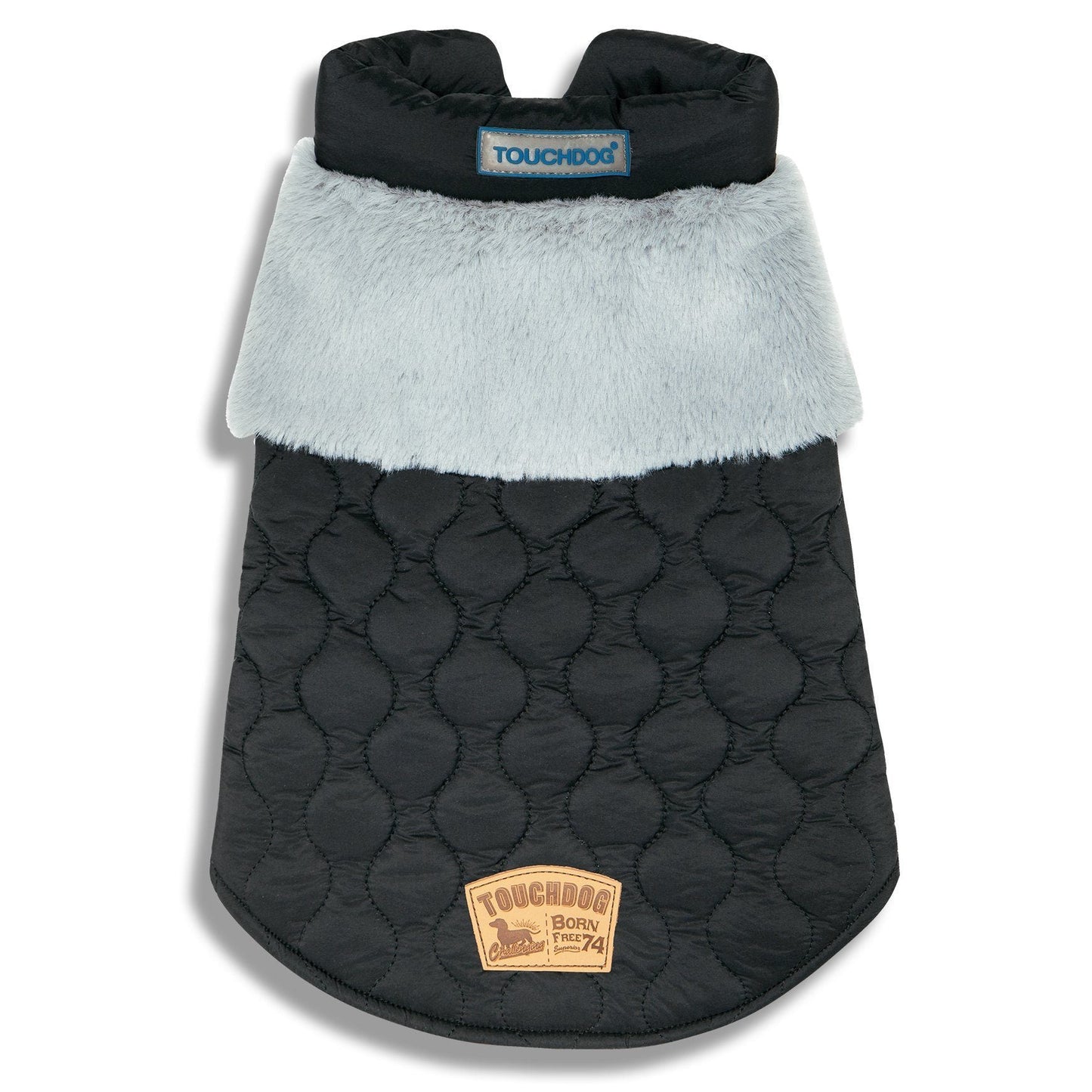 Black quilted dog coat with light gray interior and Touchdog branding on a white background