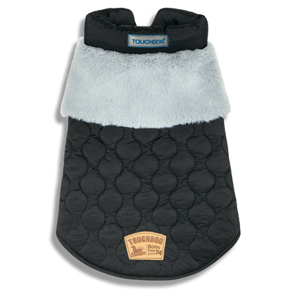 Black quilted dog coat with light gray interior and Touchdog branding on a white background