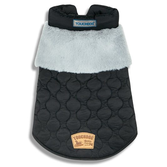 Black quilted dog coat with light gray interior and Touchdog branding on a white background