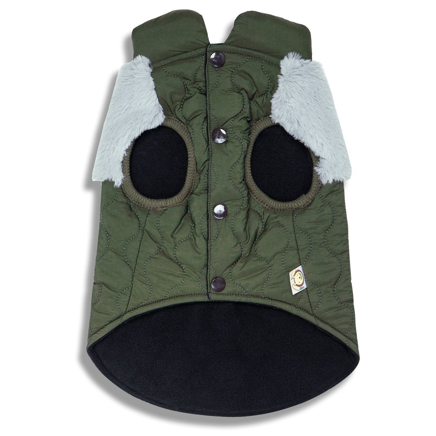 Green dog coat with black paws and white fur on a white background