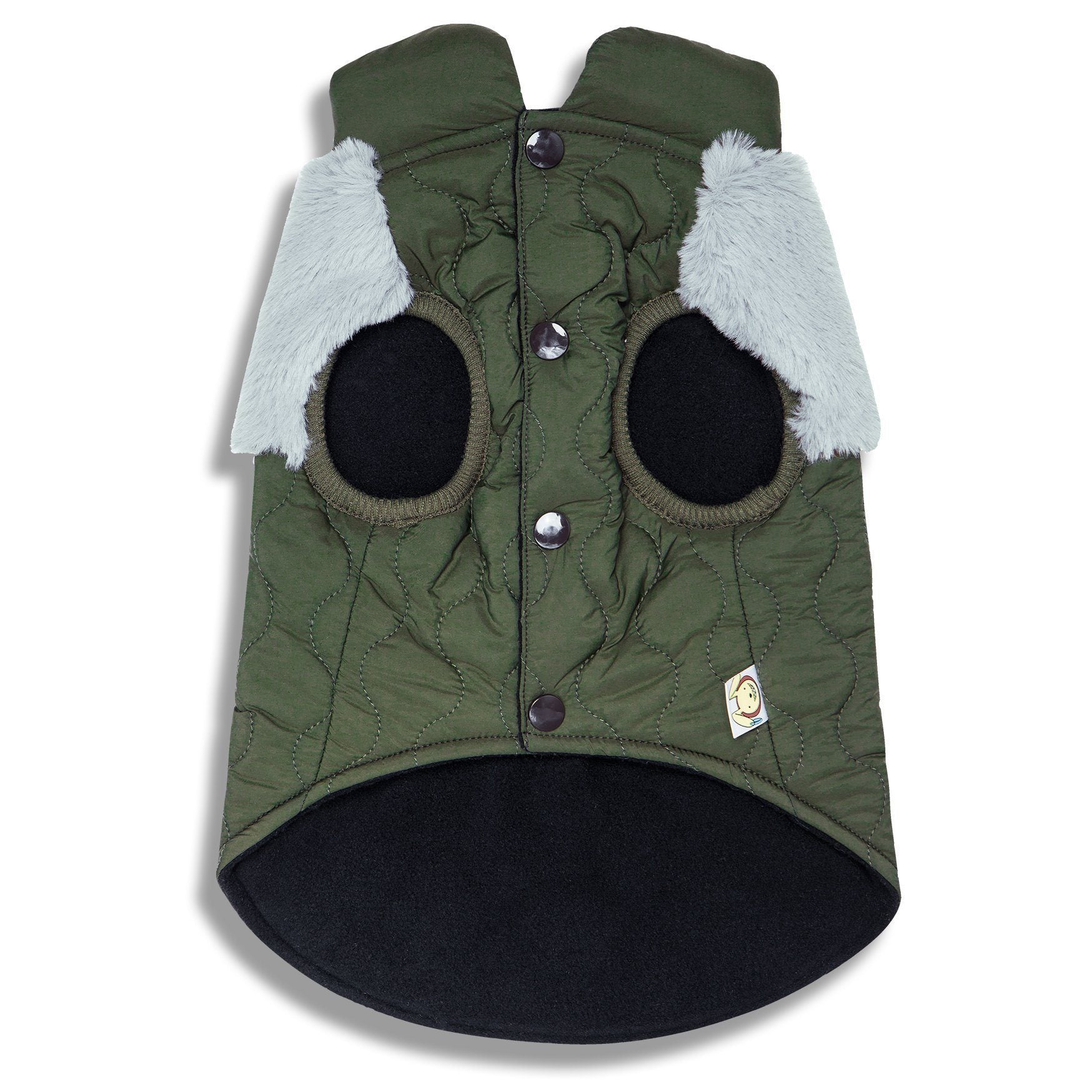 Green dog coat with black paws and white fur on a white background